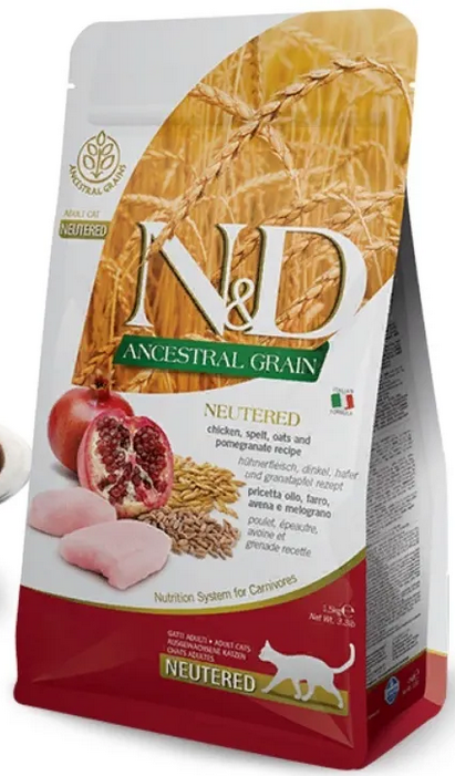 Farmina N&D (Фармина НД) Ancestral Grain Neutered Сухой низкозерновой корм для стерилизованных кошек и кастрированных котов с курицей, полбой, овсом и гранатом 300 г
