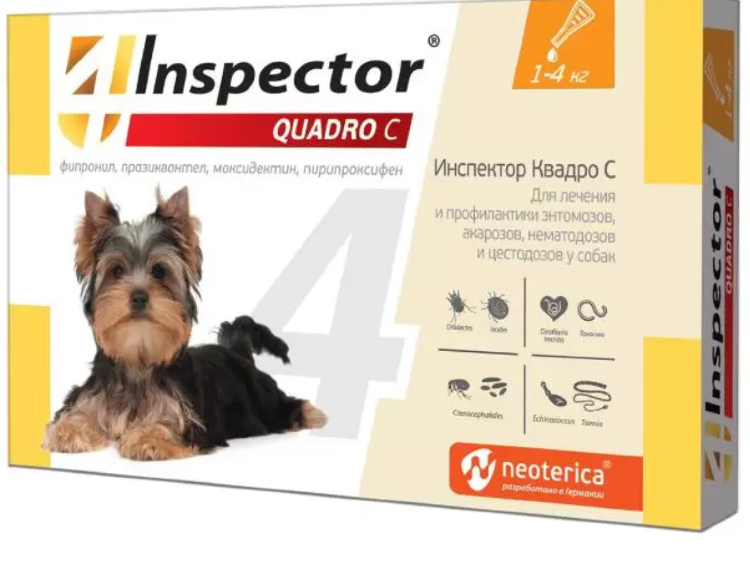 Inspector Quadro (Инспектор Квадро) Капли на холку для собак весом до 4 кг 1 пипетка