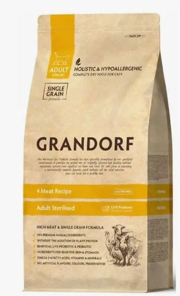 GRANDORF Adult Sterilized 4 meat recipe Сухой корм для стерилизованных кошек 4 вида мяса, 400 г