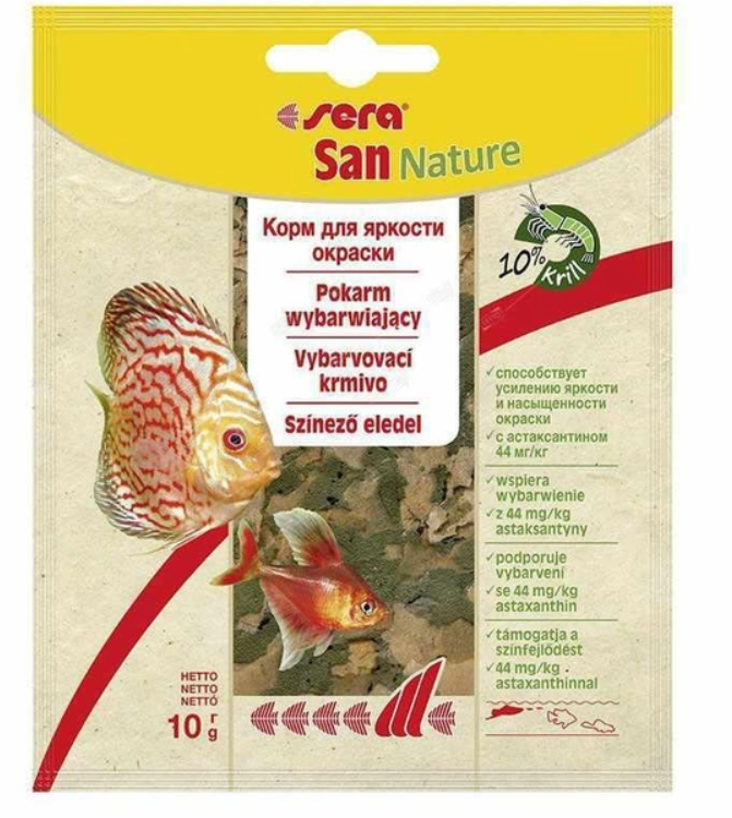 Sera (Сера) San Корм для усиления окраса всех тропических рыбок 10 г (хлопья, пакет саше)