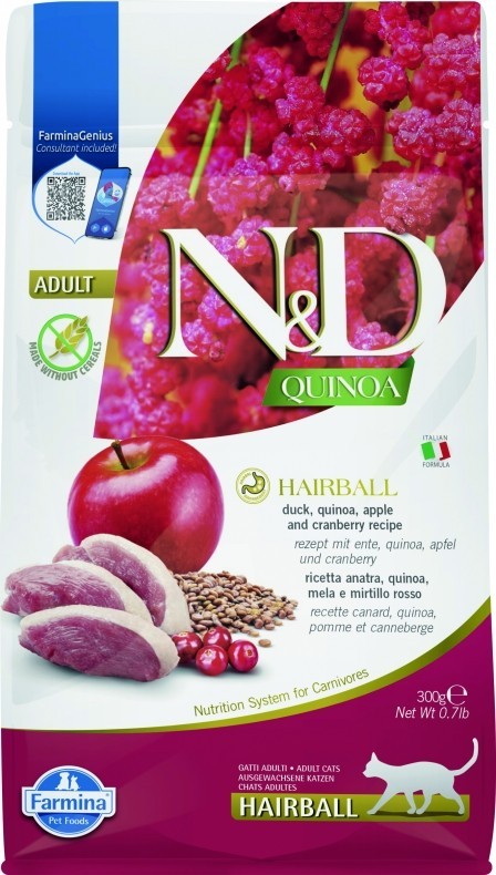 Farmina N&amp;D (Фармина НД) Quinoa Hairball Сухой беззерновой корм для взрослых кошек для вывода шерсти из желудка с уткой, киноа и яблоками 300 г