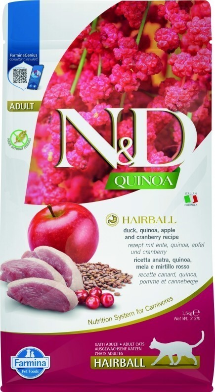 Farmina N&amp;D (Фармина НД) Quinoa Hairball Сухой беззерновой корм для взрослых кошек для вывода шерсти из желудка с уткой, киноа и яблоками 1,5 кг