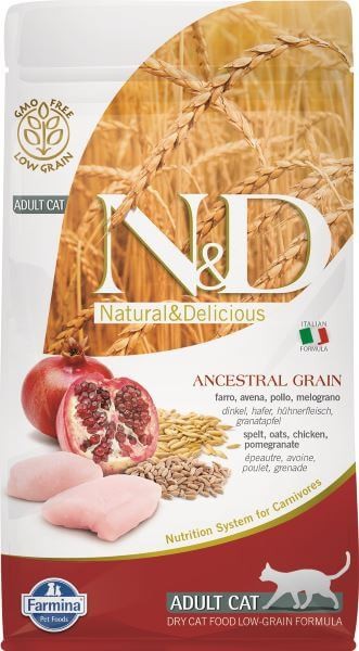 Farmina N&D (Фармина НД) Ancestral Grain Сухой низкозерновой корм для взрослых кошек с курицей, полбой, овсом и гранатом 300 г