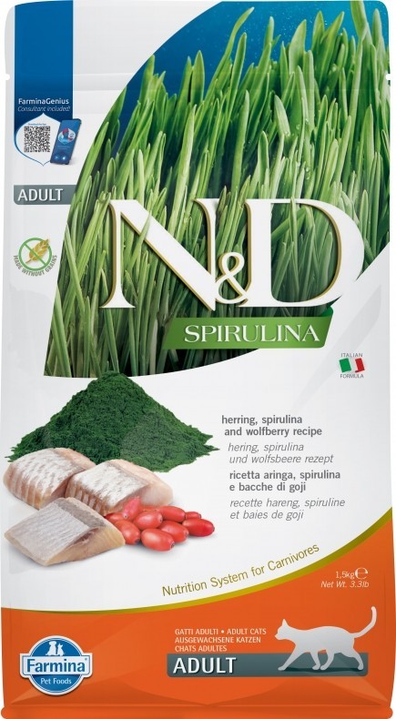 Farmina N&D (Фармина НД) Spirulina Сухой беззерновой корм для взрослых кошек с сельдью, ягодами годжи и спирулиной 1,5 кг