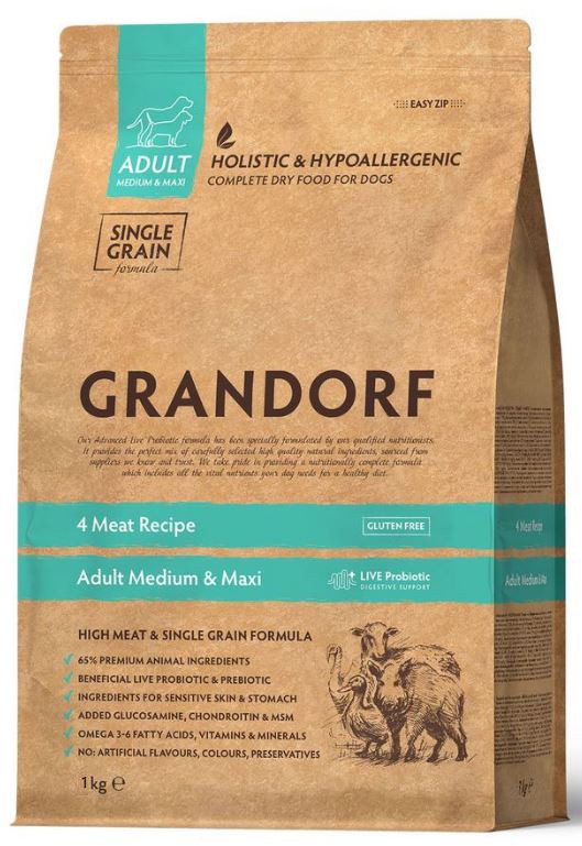 GRANDORF Dog Adult Medium & Maxi Сухой корм для взрослых собак средних и крупных пород, 4 вида мяса, 1 кг