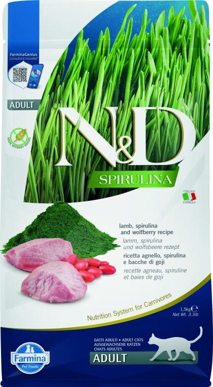 Farmina N&amp;D (Фармина НД) Spirulina Сухой беззерновой корм для взрослых кошек с ягненком, ягодами годжи и спирулиной 1,5 кг