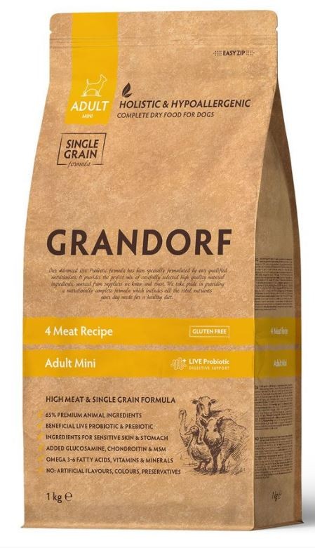 GRANDORF Dog Adult Mini 4 Meat Recipe Сухой корм для взрослых собак маленьких пород, 4 вида мяса, 1 кг