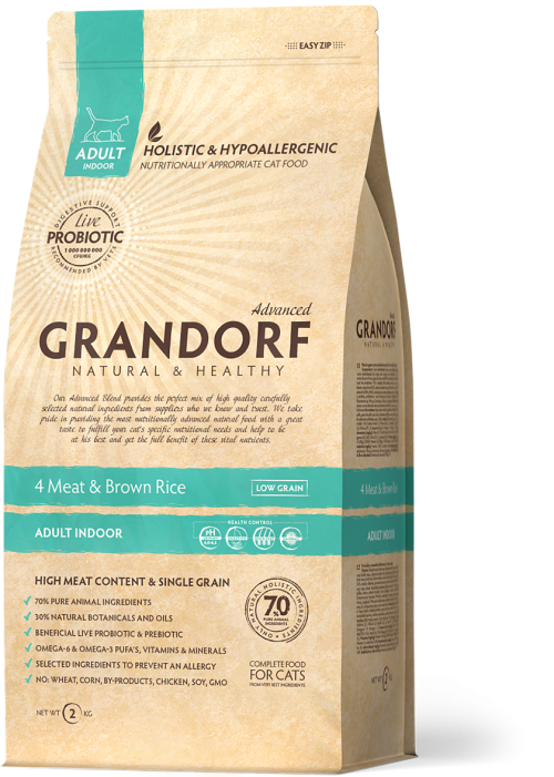 GRANDORF(грандорф) Indoor СУХОЙ КОРМ Для взрослых домашних кошек от 1 года, 4 вида мяса с бурым рисом 2 кг
