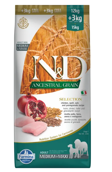 Farmina N&D (Фармина НД) Ancestral Grain Medium & Maxi Сухой низкозерновой корм для собак средних и крупных пород с курицей, полбой, овсом и гранатом 12 кг + 3 кг