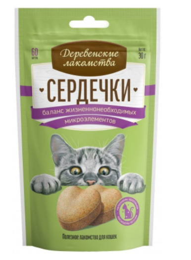Деревенские лакомства для кошек Сердечки баланс жизненно необходимых микроэлементов 30 г