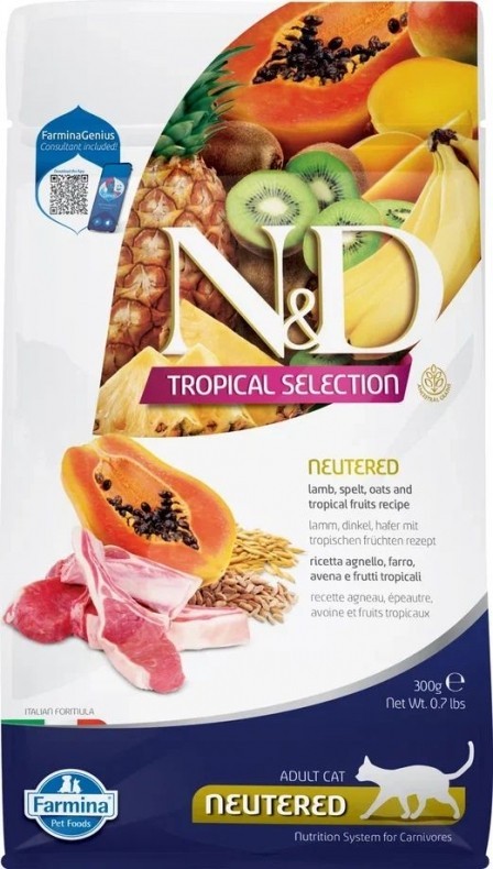 Farmina N&D (Фармина НД) Tropical Selection Neutered Сухой низкозерновой корм для стерилизованных кошек и кастрированных котов с ягненком, спельтой и тропическими фруктами 300 г