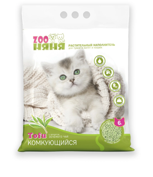 Зоо няня Tofu Зеленый чай Наполнитель тофу комкующийся 6 л 2,7 кг