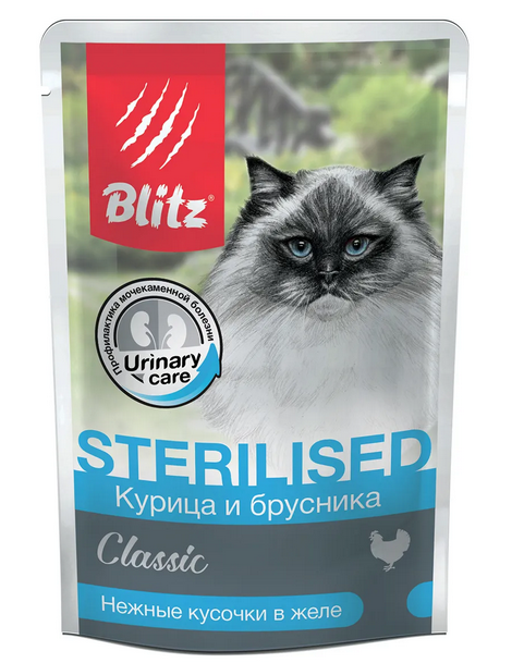 Blitz (Блиц) Classic Sterilised Пауч для стерилизованных кошек и кастрированных котов с курицей и брусникой в желе 85 г 5 шт
