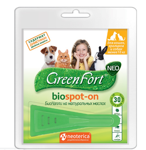 GreenFort Biospot-on Капли на холку для собак собак, кошек и кроликов весом до 10 кг 1 пипетка