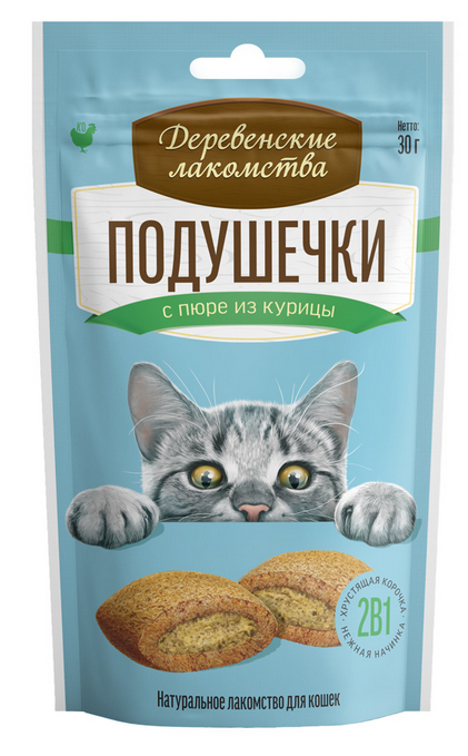 Деревенские лакомства для кошек Подушечки с пюре из курицы 30 г