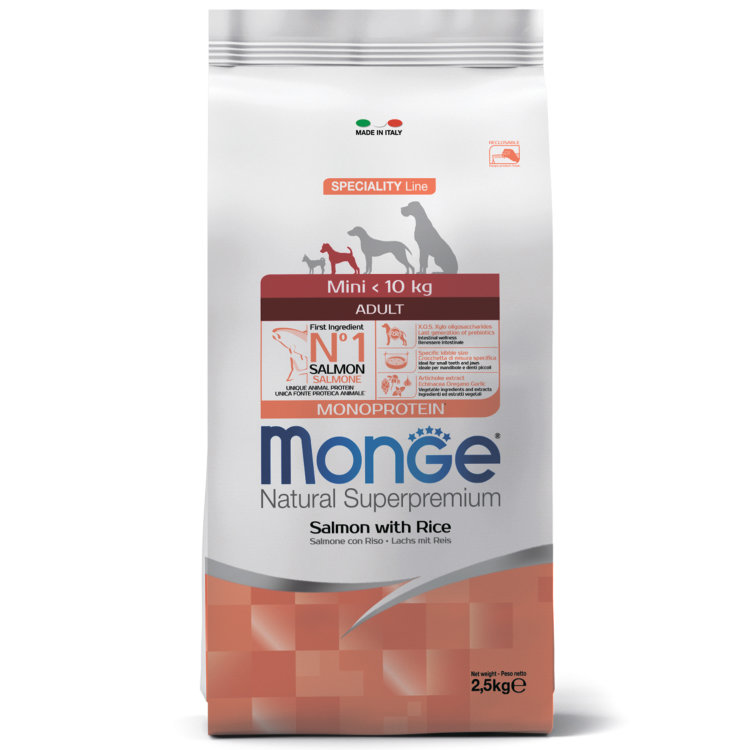 MONGE Dog Monoprotein Mini Корм сух.д/взрослых собак мелких пород лосось с рисом 2,5кг
