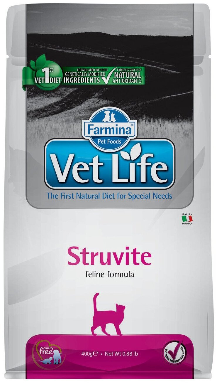 Farmina Vet Life (Фармина Вет Лайф) Struvite Сухой лечебный корм для кошек при мочекаменной болезни МКБ для растворения струвитных камней 400 г