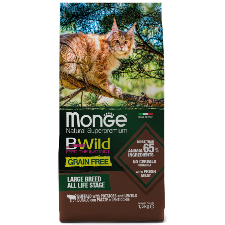 MONGE (Монж) Cat BWild GRAIN FREE Корм беззерновой из мяса буйвола д/крупных кошек всех возрастов 1,5 кг