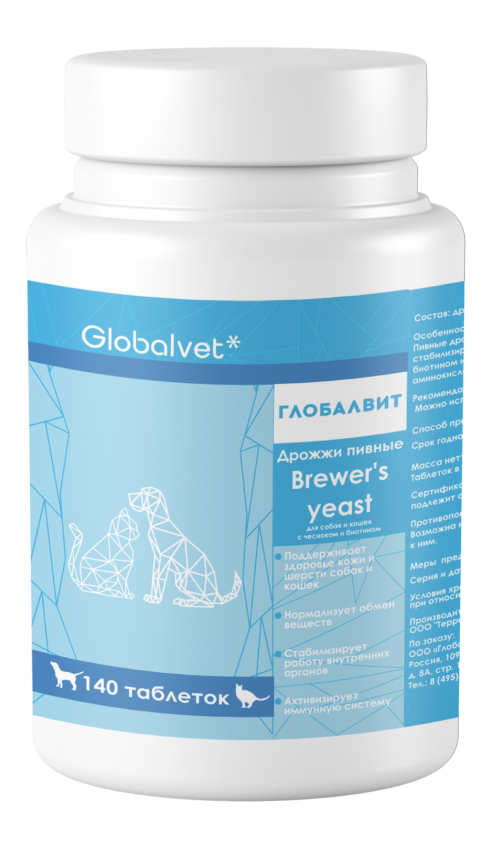 Globalvet (Глобалвет) Brewer's yeast Глобалвит Пищевая добавка для собак и кошек Пивные дрожжи 140 табл