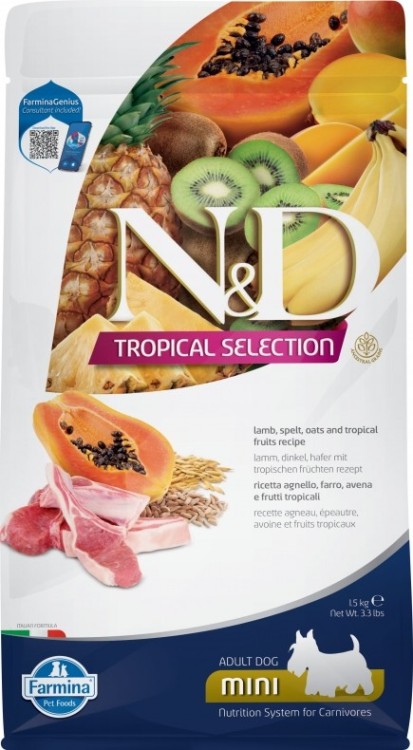 Farmina N&D (Фармина НД) Tropical Selection Mini Сухой низкозерновой корм для взрослых собак мелких пород с ягненком, спельтой и тропическими фруктами 1,5 кг