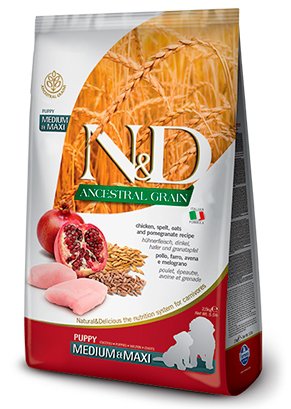 Farmina N&D (Фармина НД) Ancestral Grain Medium & Maxi Puppy Сухой низкозерновой корм для щенков средних и крупных пород с курицей, полбой, овсом и гранатом 12 кг