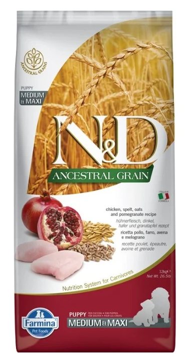 Farmina N&D (Фармина НД) Ancestral Grain Medium & Maxi Puppy Сухой низкозерновой корм для щенков средних и крупных пород с курицей, полбой, овсом и гранатом 12 кг