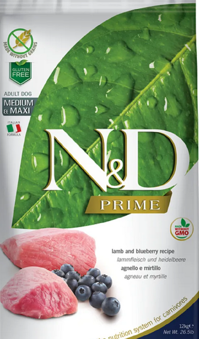 Farmina N&D Prime (Фармина НД Прайм) Medium & Maxi Сухой беззерновой корм для взрослых собак средних и крупных пород с ягненком и черникой 12 кг