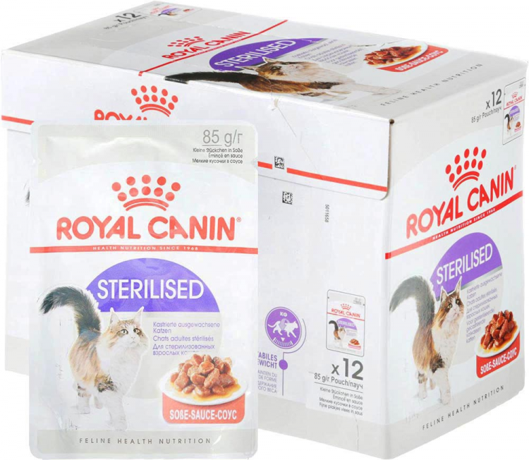 Royal canin для кошек sterilised. Роял Канин пауч для стерилизованных кошек. Роял Канин для кошек стерилизованных влажный в соусе. Роял Канин Стерилайзд пауч соус. Роял Канин 85гр.