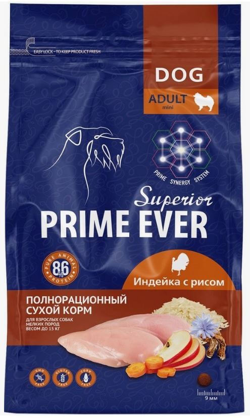 Prime Ever Superior Adult Mini Сухой корм для собак мелких пород индейка с рисом 0,9 кг