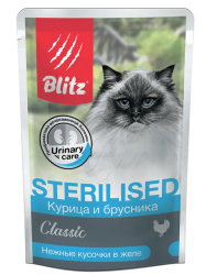 Blitz (Блиц) Classic Sterilised Пауч для стерилизованных кошек и кастрированных котов с курицей и брусникой в желе 85 г