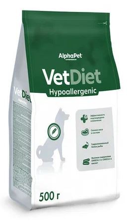 AlphaPet VetDiet Hypoallergenic Сухой корм для взрослых собак при пищевой аллергии и непереносимости ингредиентов 500 г
