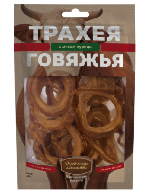 Деревенские лакомства для собак Трахея говяжья с мясом курицы 50 г