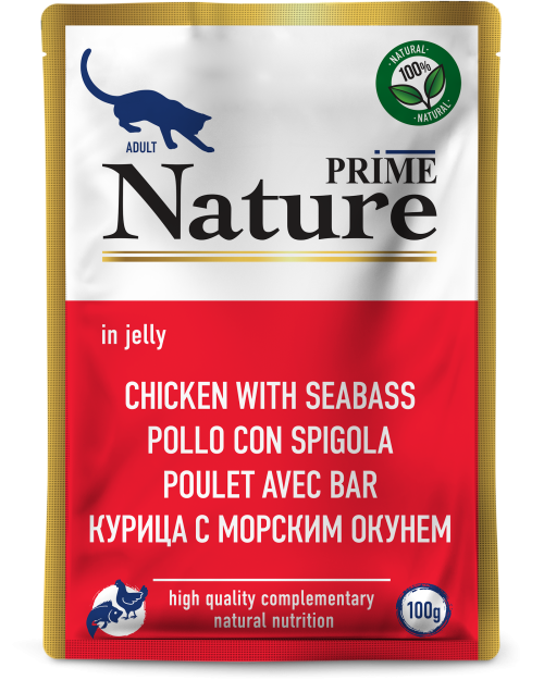 Prime (Прайм) Nature Влажный корм для взрослых кошек с курицей и морским окунем в желе 100 г 5 шт
