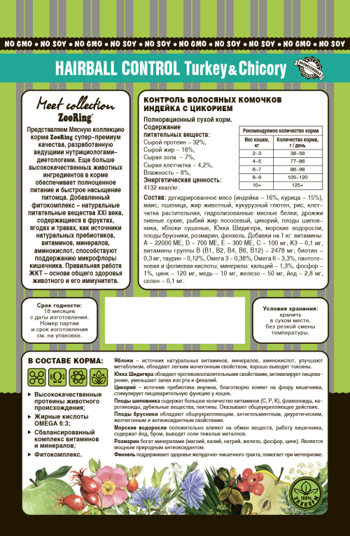 Zooring (Зооринг) Сухой корм для взрослых кошек для контроля волосяных комочков Индейка с цикорием 400 г