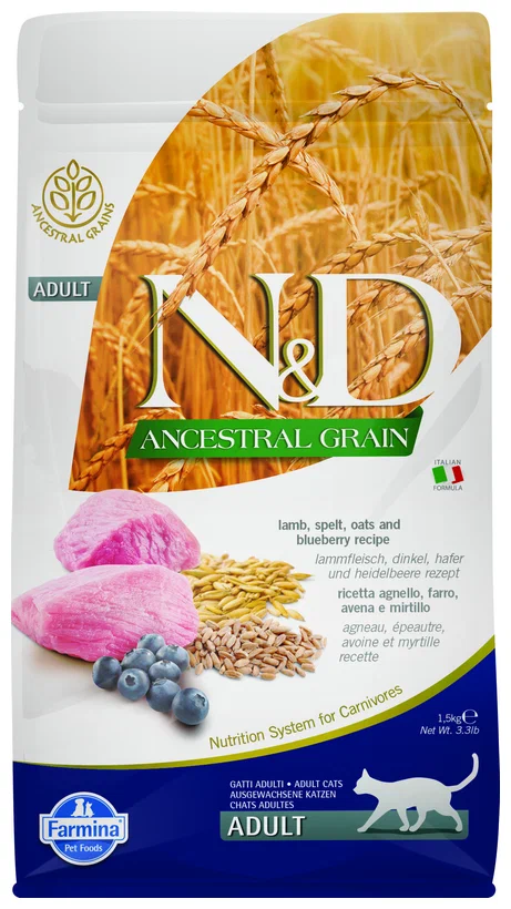 Farmina N&amp;D (Фармина НД) Ancestral Grain Сухой низкозерновой корм для взрослых кошек с ягненком, полбой, овсом и черникой 1,5 кг