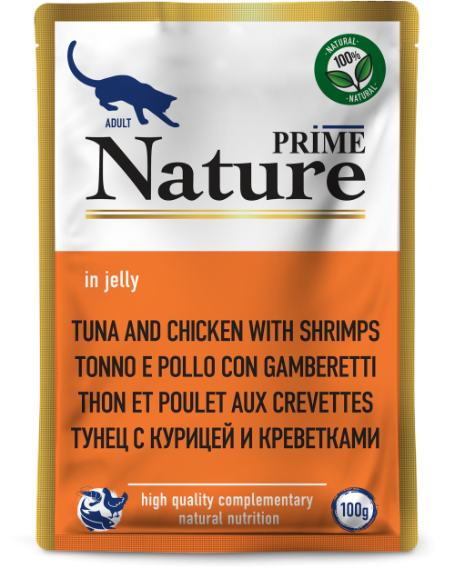 Prime (Прайм) Nature Влажный корм Пауч для взрослых кошек с тунцом, курицей и креветками в желе 100 г