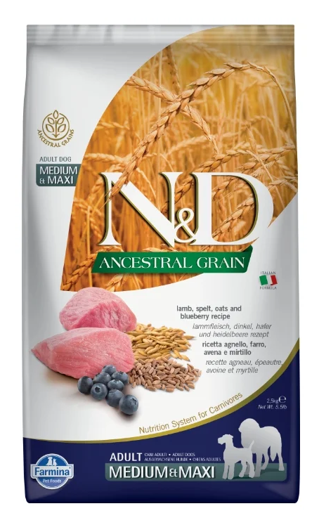 Farmina N&D (Фармина НД) Ancestral Grain Medium & Maxi Сухой низкозерновой корм для взрослых собак средних и крупных пород с ягненком, полбой, овсом и черникой 2,5 кг