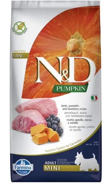 Farmina N&amp;D (Фармина НД) Adult Mini Pumpkin Lamb blueberry Сухой беззерновой корм для собак мелких пород с ягненком, черникой и тыквой 7 кг