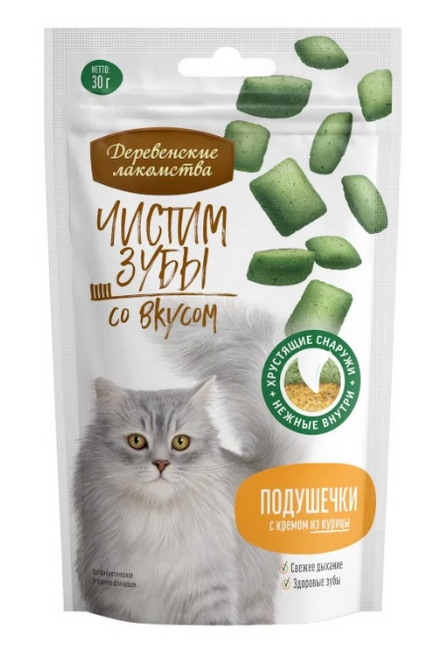 Деревенские лакомства для кошек Чистим зубы Подушечки с кремом из курицы 30 г