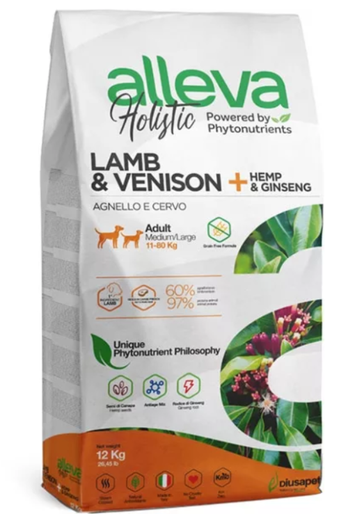 Alleva Holistic (Аллева Холистик) Medium Maxi Сухой корм для взрослых собак средних и крупных пород с ягненком, олениной, коноплей и женьшенем 12 кг