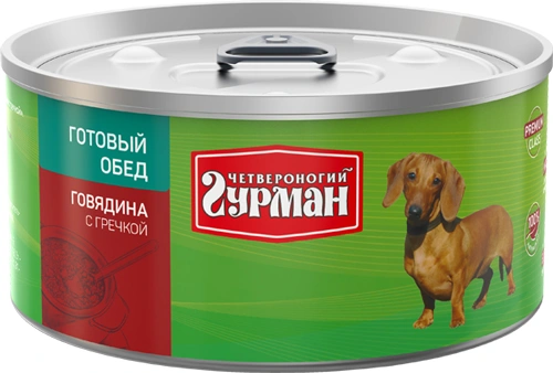 Четвероногий гурман Готовый обед Консервы для собак с говядиной и гречкой 325 г