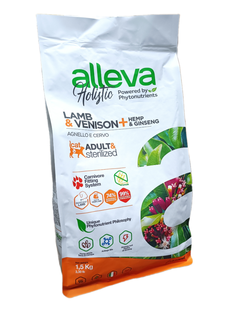 Alleva Holistic (Аллева Холистик) Сухой корм для взрослых и стерилизованных кошек с ягненком, олениной, коноплей и женьшенем 1,5 кг