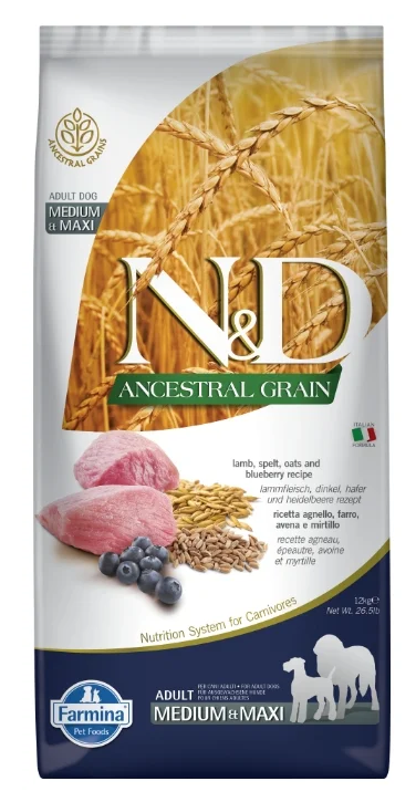 Farmina N&D (Фармина НД) Ancestral Grain Medium & Maxi Сухой низкозерновой корм для взрослых собак средних и крупных пород с ягненком, полбой, овсом и черникой 12 кг