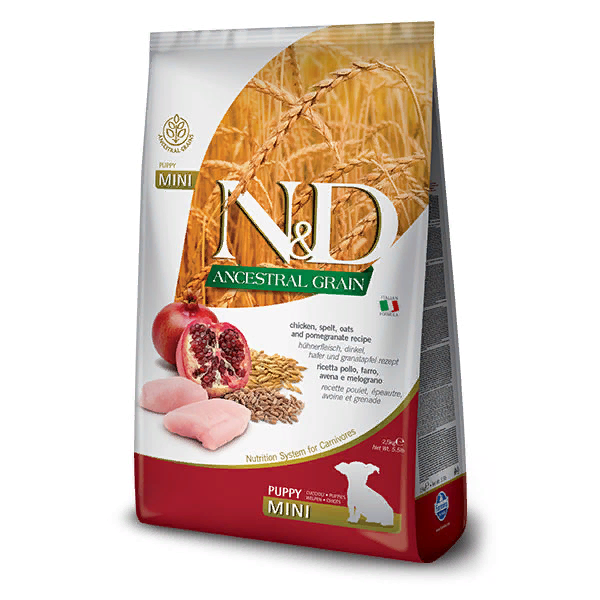 Farmina N&D (Фармина НД) Ancestral Grain Mini Puppy Сухой низкозерновой корм для щенков мелких пород с курицей, полбой, овсом и гранатом 800 г