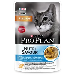 Pro Plan (ПроПлан) Elegant Nutri Savor - Корм для взрослых кошек Кусочки с треской в Соусе от комков шерсти в желудке (Пауч) 85 г 24 шт