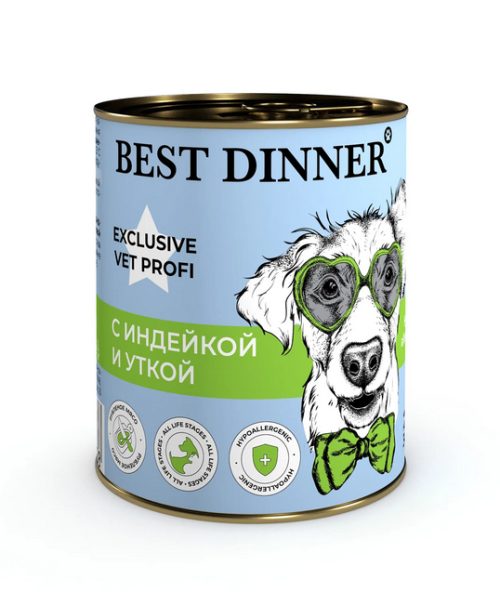 Best Dinner Vet (Бэст Диннер Вет) Hypoallergenic Консервы для собак для профилактики аллергии с индейкой и уткой 340 г