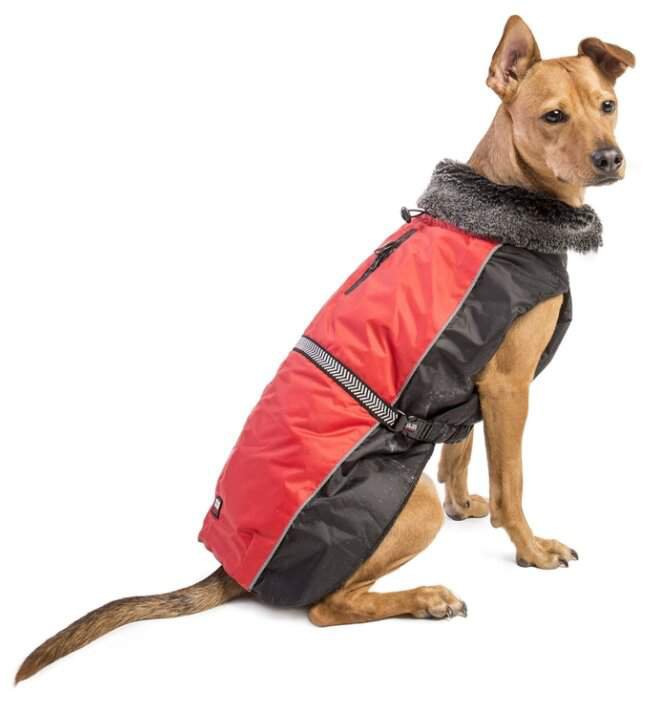 DogGoneSmart Aspen Нано куртка зимняя с меховым воротником красная 55,8 см/р.22